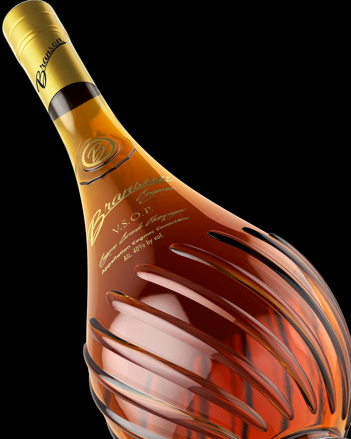 Close-up render of the Branson Cognac VSOP bottle showing the fluted body and gold labelling