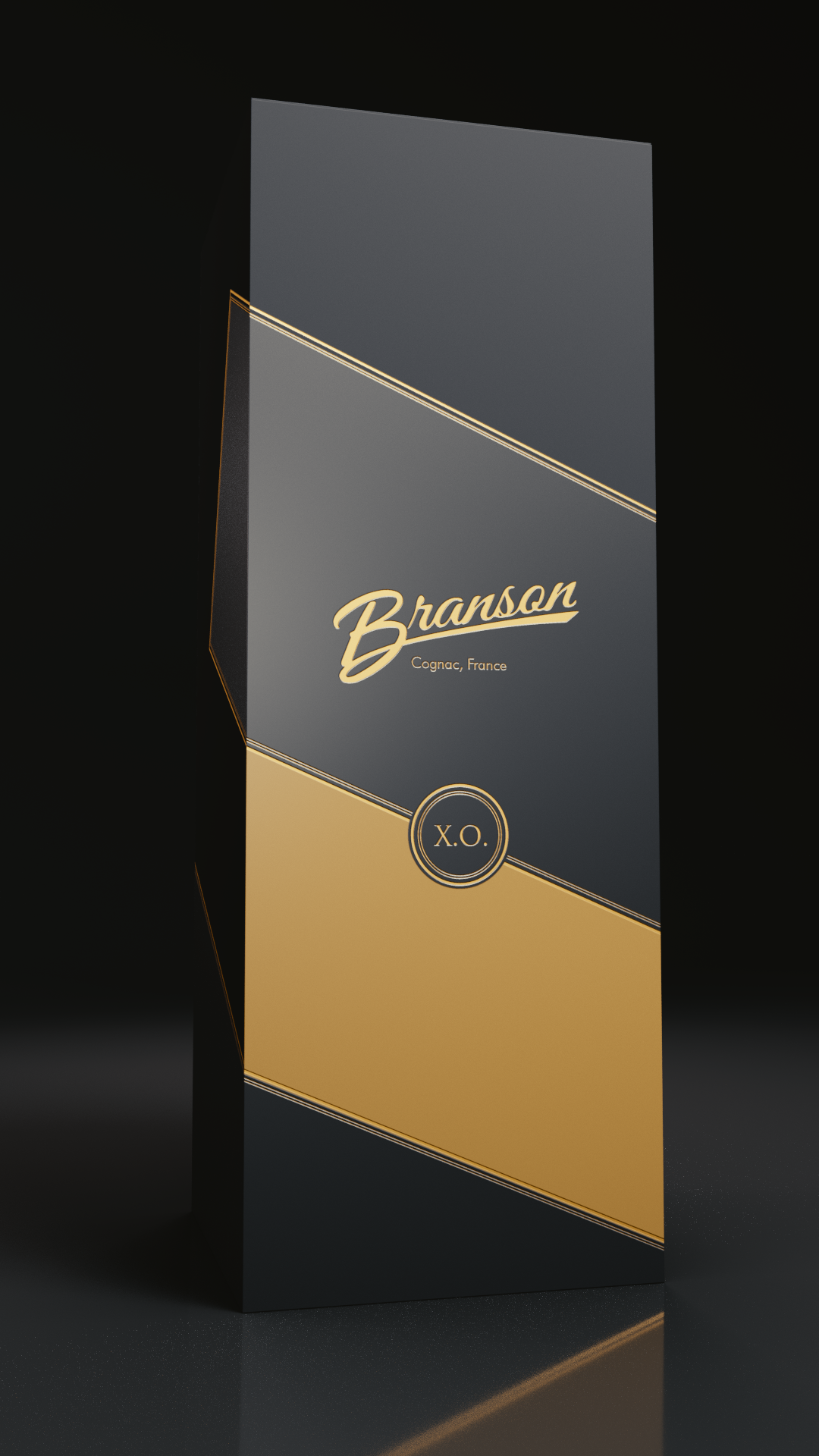 Render of the Branson Cognac X.O. packaging box, front panel