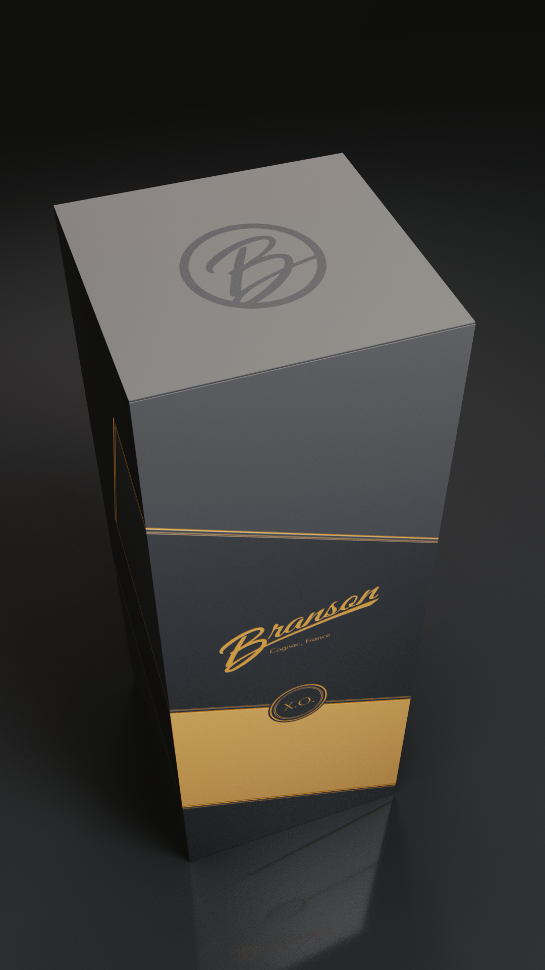 Render of the Branson Cognac X.O. packaging box, three-quarter view showing the top and side panels