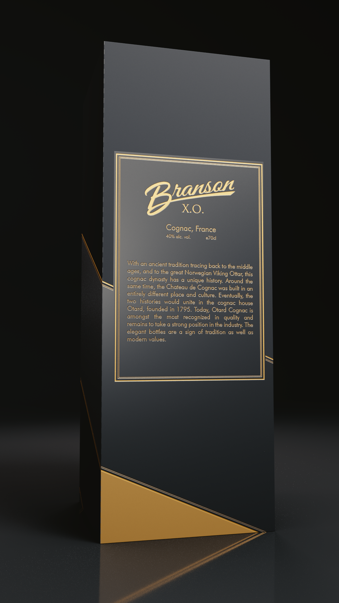 Render of the Branson Cognac X.O. packaging box, back panel with brand story copy