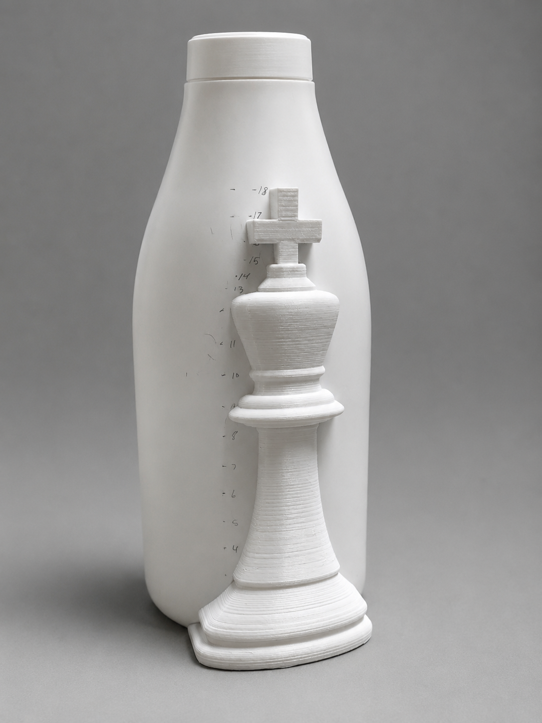Photograph of the finished Branson Cognac bottle and Le Chemin du Roi chess piece accessory